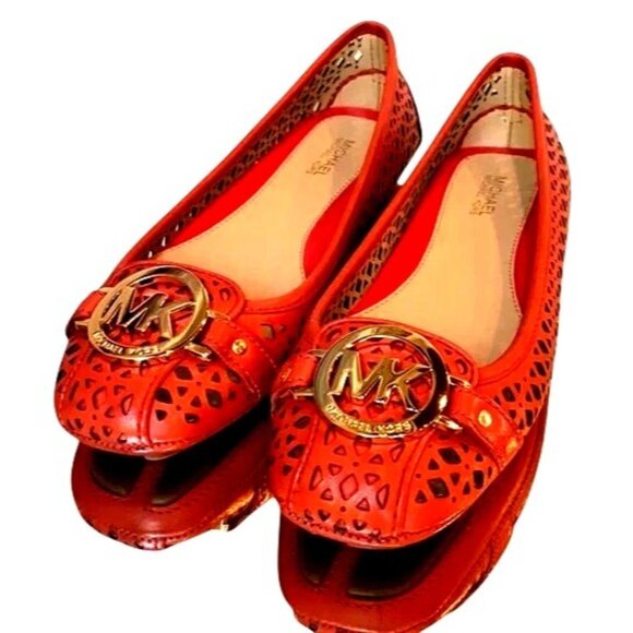 Michael Kors Orange Laser Cut Leather Ballet Flats With Gold MK Logo Womens Size - Picture 1 of 7